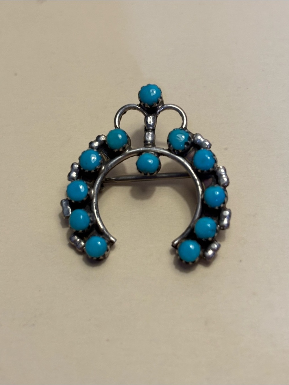 Vintage Native Zuni Turquoise Stone Silver Crescent Brooch/Pendant 1ā
